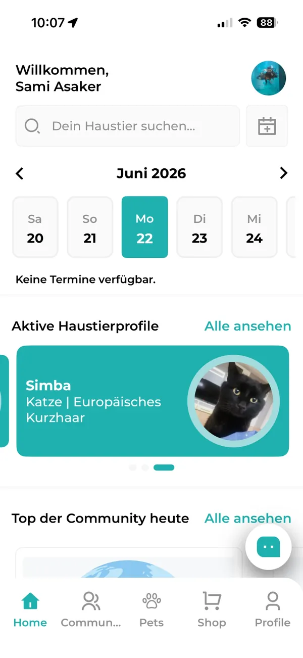 YourPetDiary App: Startseite mit Kalender und Haustierprofilen